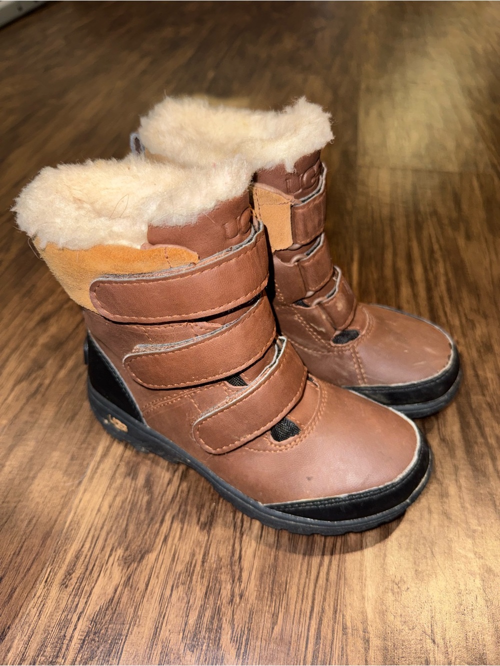Kids Ugg Brown Shearling-Lined Winter Boots - Velcro Closure